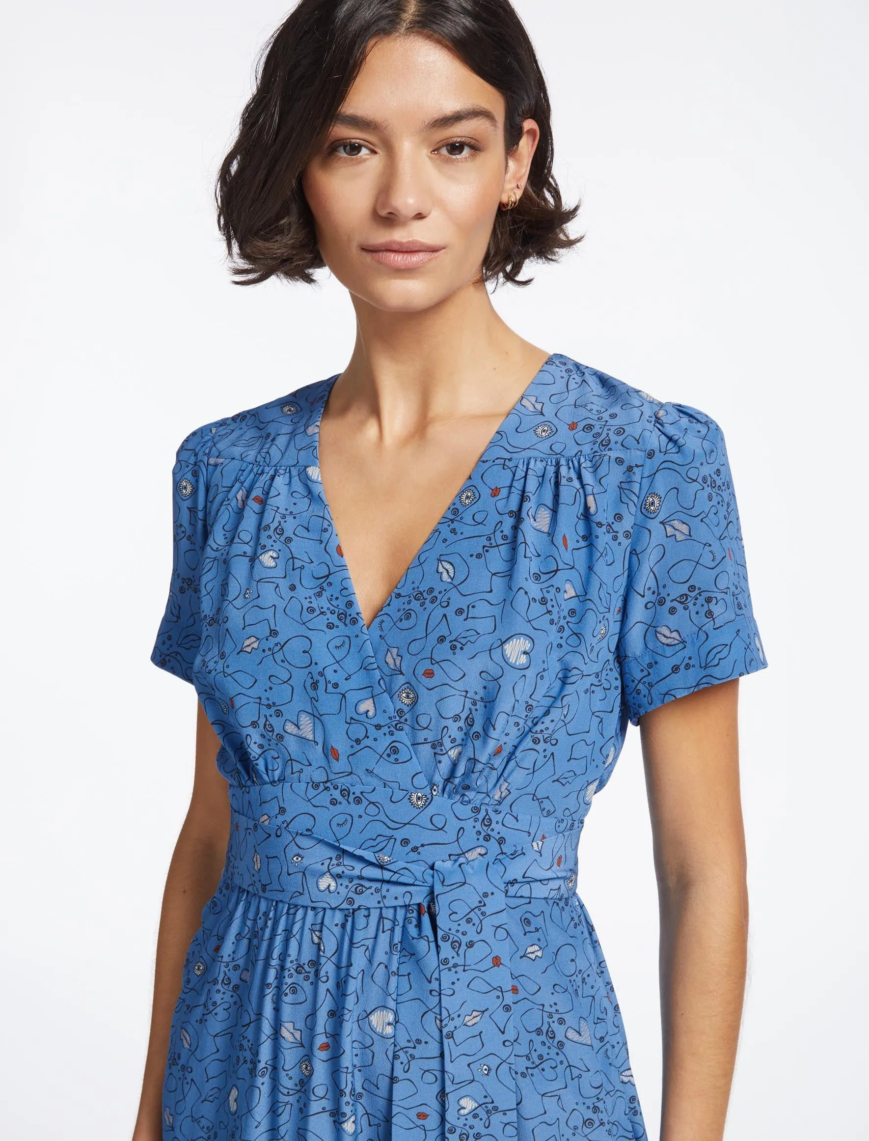 Gina Silk Maxi Dress - Blue Lips Eyes Print