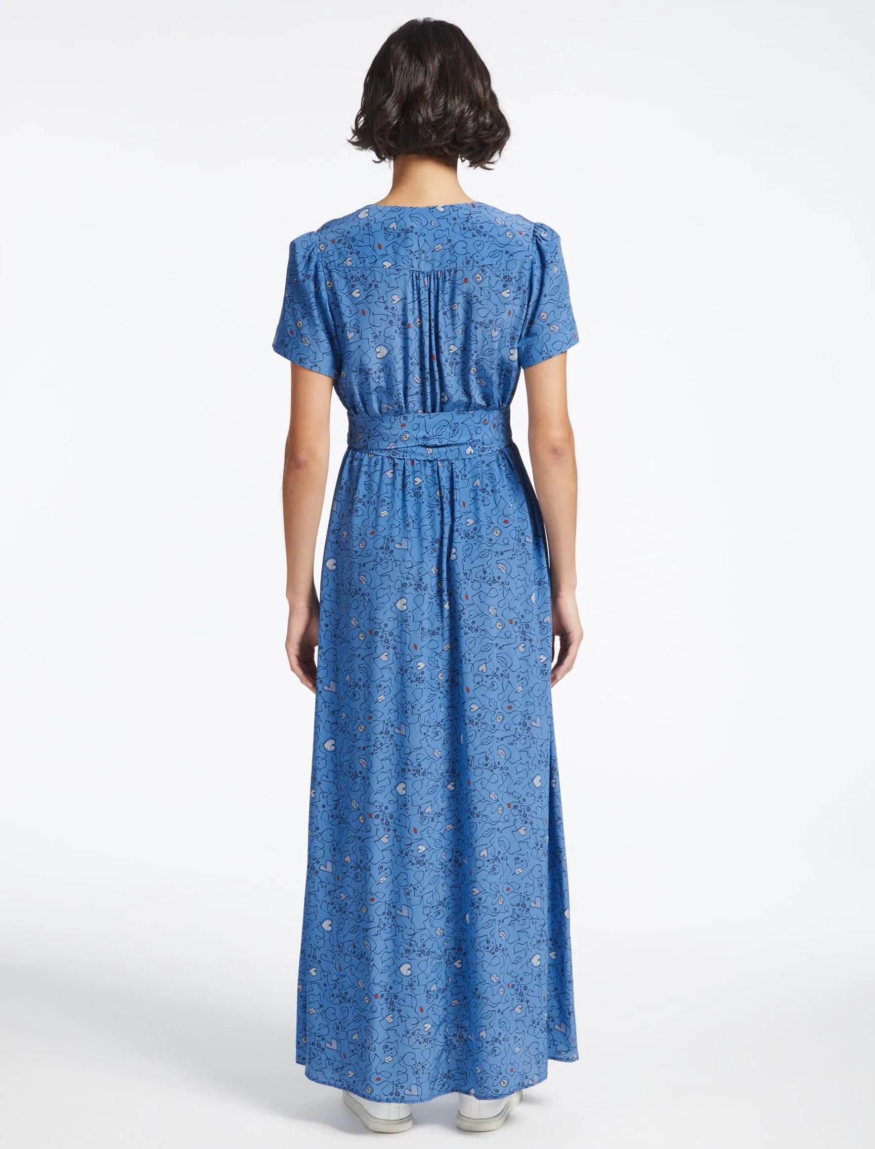 Gina Silk Maxi Dress - Blue Lips Eyes Print