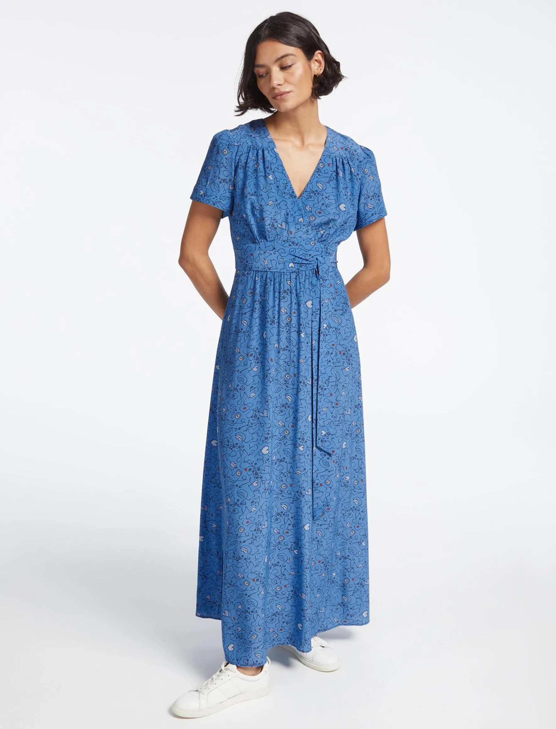 Gina Silk Maxi Dress - Blue Lips Eyes Print