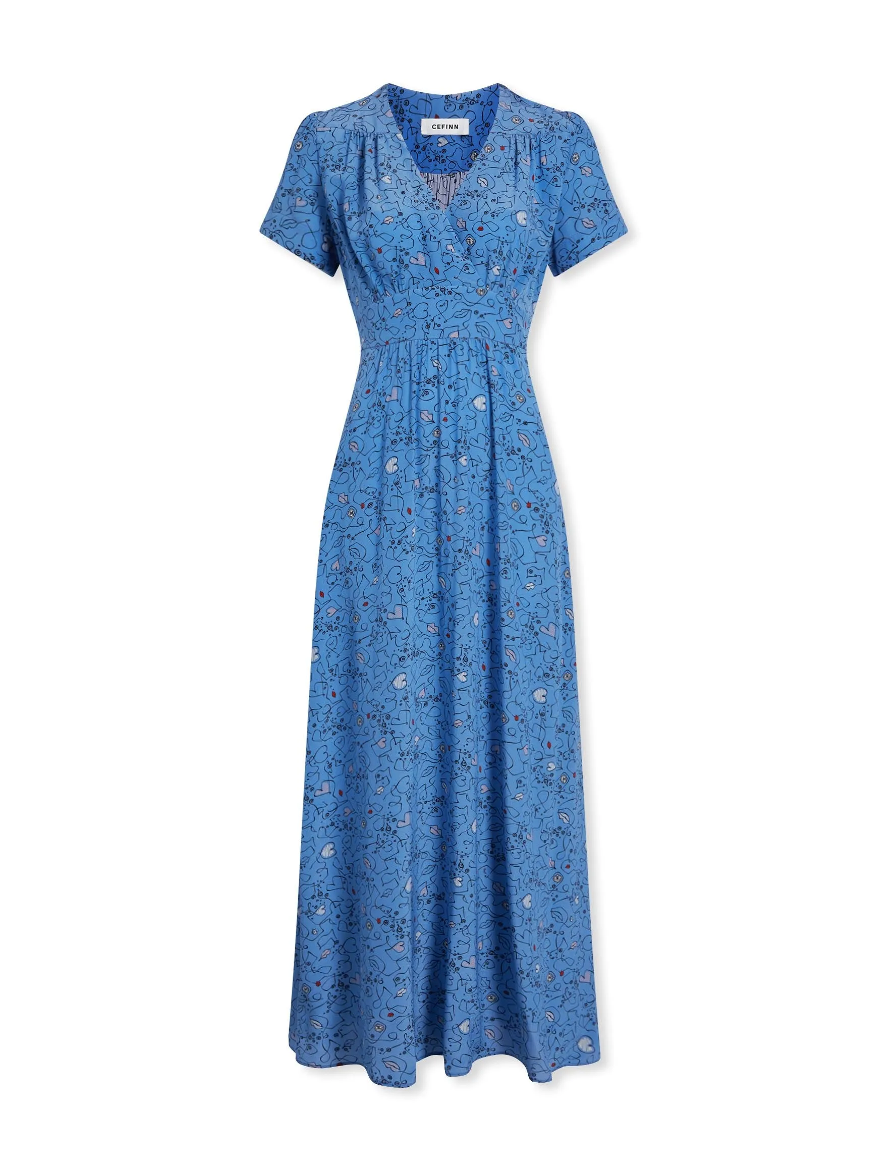 Gina Silk Maxi Dress - Blue Lips Eyes Print