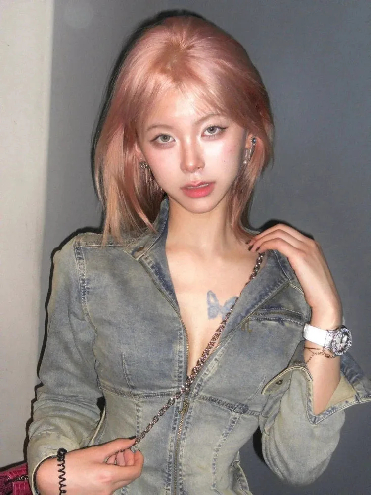 Girlary 90s Vintage Short Denim Jacket Women Harajuku Grunge Slim Zipper Jean Jacket Korean Washed Cropped Coats Y2K Streetwear