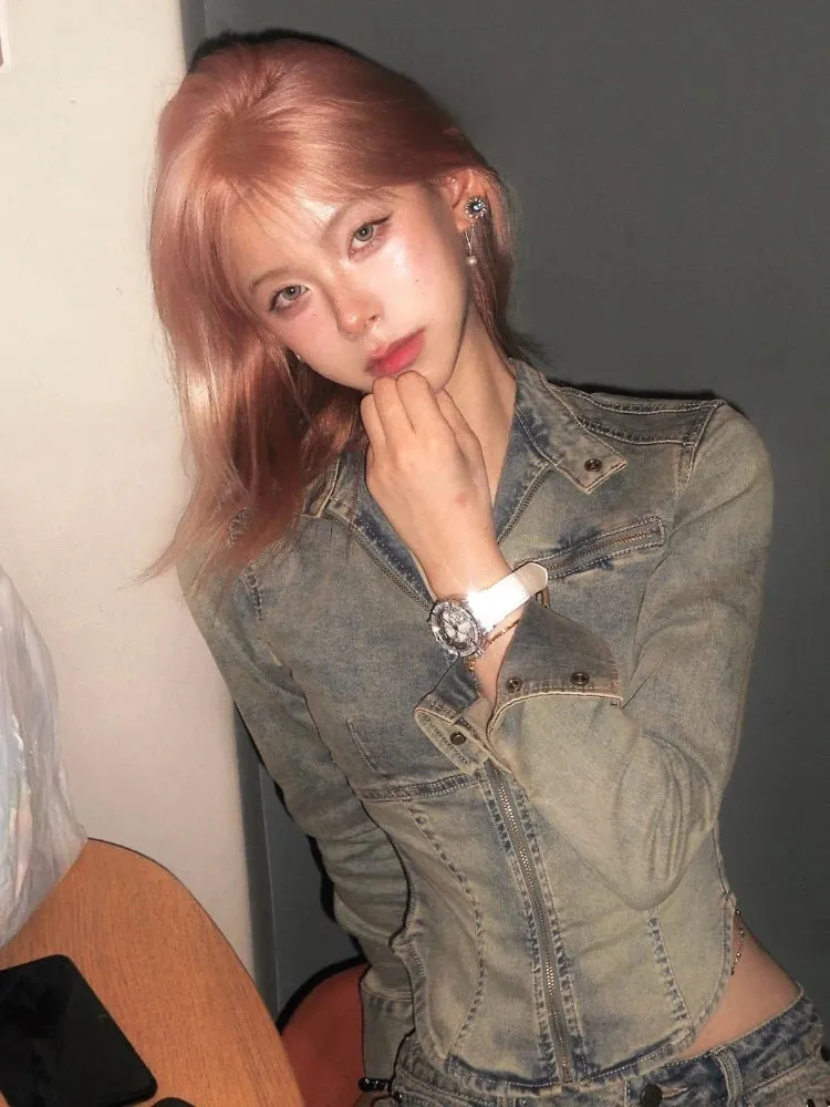 Girlary 90s Vintage Short Denim Jacket Women Harajuku Grunge Slim Zipper Jean Jacket Korean Washed Cropped Coats Y2K Streetwear