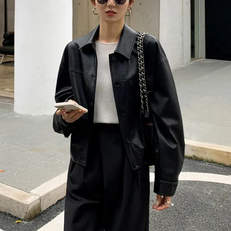 Girlary Black Cropped Leather Jacket Women Korean High Street Leather Blazers Women Vintage Streetwear Moto Bike Jacket Autumn New