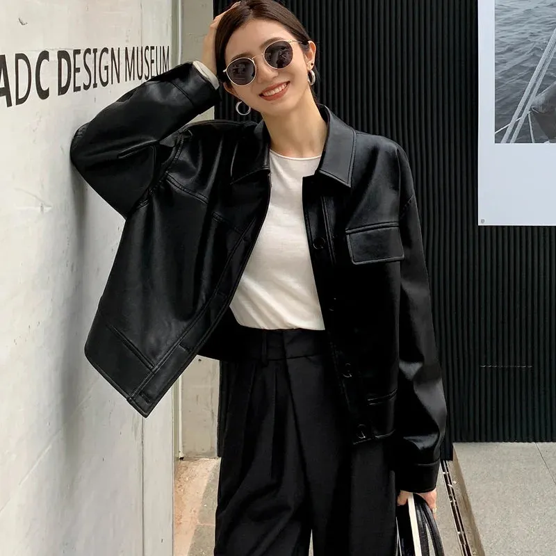 Girlary Black Cropped Leather Jacket Women Korean High Street Leather Blazers Women Vintage Streetwear Moto Bike Jacket Autumn New