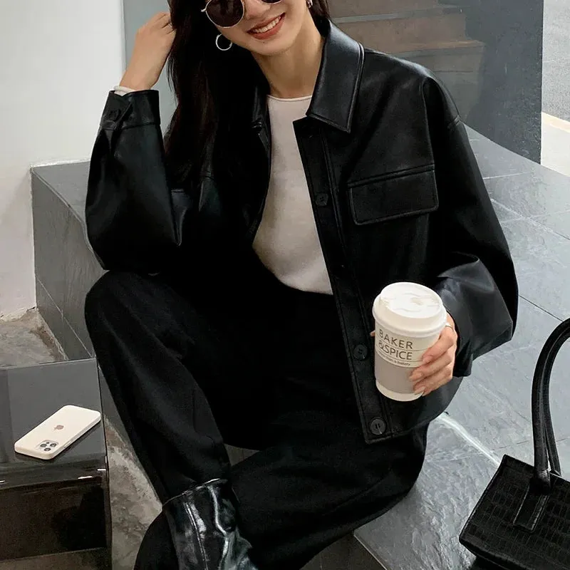 Girlary Black Cropped Leather Jacket Women Korean High Street Leather Blazers Women Vintage Streetwear Moto Bike Jacket Autumn New