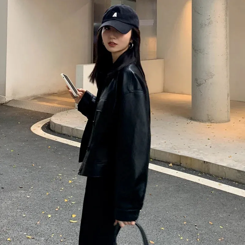 Girlary Black Cropped Leather Jacket Women Korean High Street Leather Blazers Women Vintage Streetwear Moto Bike Jacket Autumn New