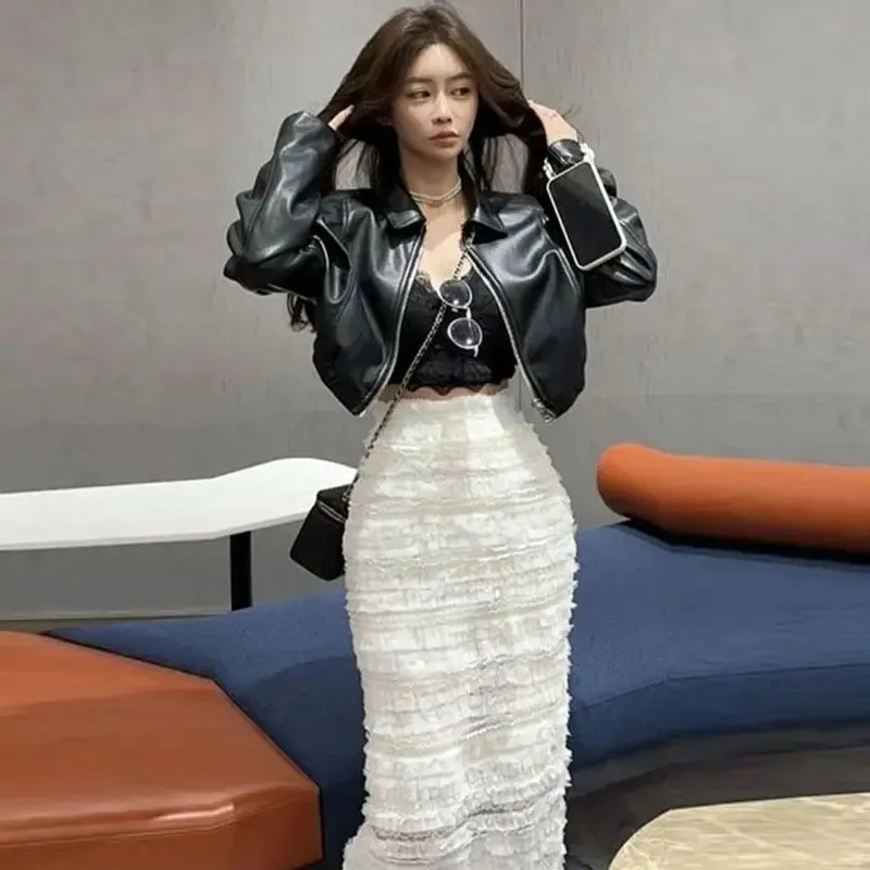 Girlary Punk Black Cropped Leather Jacket Women Winter Streetwear Zipper Biker Leather Jacket High Street Casual Faux Leather Jacket New