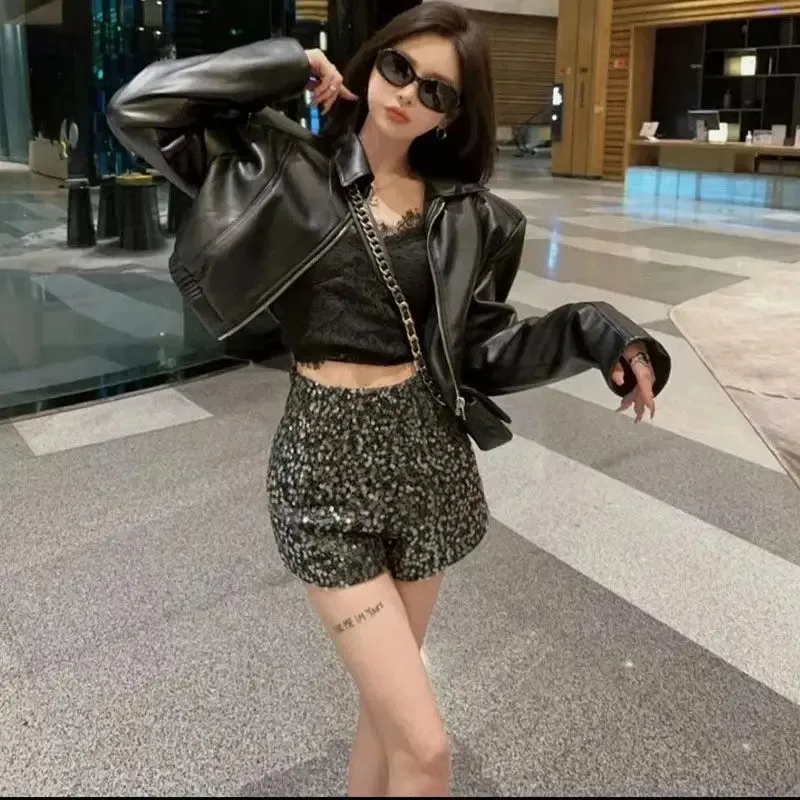 Girlary Punk Black Cropped Leather Jacket Women Winter Streetwear Zipper Biker Leather Jacket High Street Casual Faux Leather Jacket New