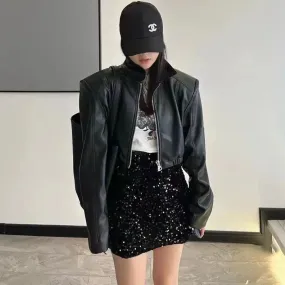 Girlary Punk Black Cropped Leather Jacket Women Winter Streetwear Zipper Biker Leather Jacket High Street Casual Faux Leather Jacket New