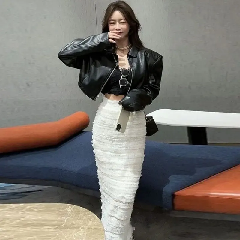 Girlary Punk Black Cropped Leather Jacket Women Winter Streetwear Zipper Biker Leather Jacket High Street Casual Faux Leather Jacket New