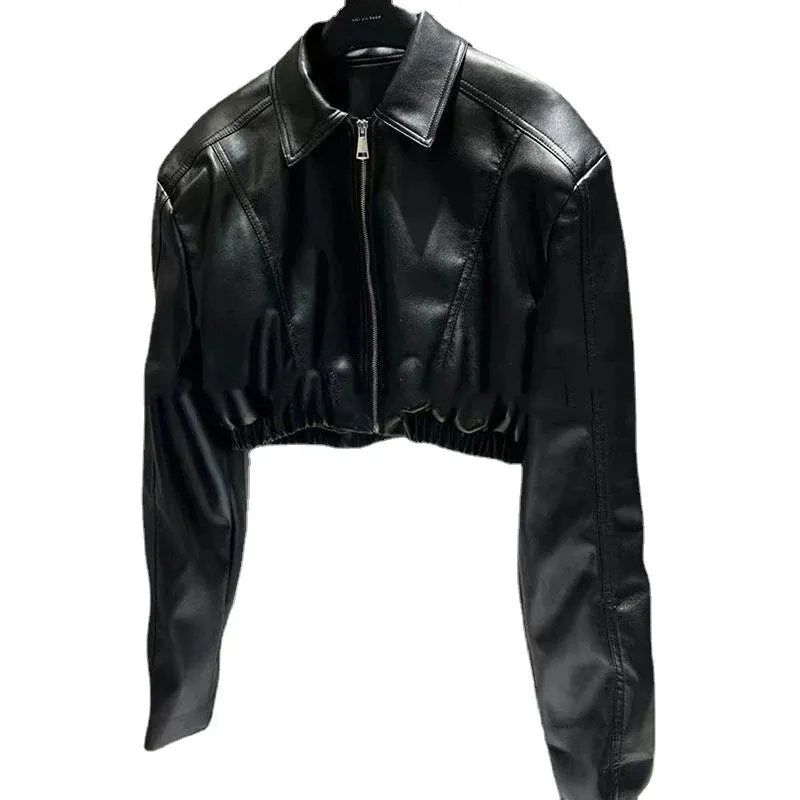 Girlary Punk Black Cropped Leather Jacket Women Winter Streetwear Zipper Biker Leather Jacket High Street Casual Faux Leather Jacket New