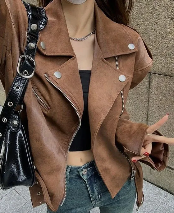 Girlary Winter Korean Brown Leather Jacket Women Streetwear Moto Biker Zipper Leather Coat Casual Outerwear Irregular Cropped Jacket New