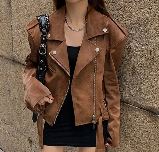 Girlary Winter Korean Brown Leather Jacket Women Streetwear Moto Biker Zipper Leather Coat Casual Outerwear Irregular Cropped Jacket New