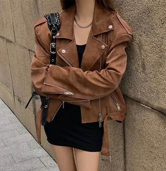 Girlary Winter Korean Brown Leather Jacket Women Streetwear Moto Biker Zipper Leather Coat Casual Outerwear Irregular Cropped Jacket New