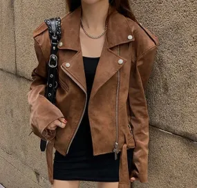 Girlary Winter Korean Brown Leather Jacket Women Streetwear Moto Biker Zipper Leather Coat Casual Outerwear Irregular Cropped Jacket New