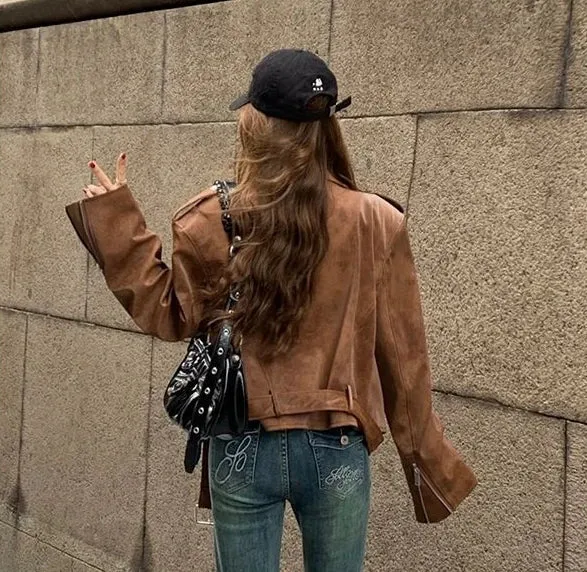 Girlary Winter Korean Brown Leather Jacket Women Streetwear Moto Biker Zipper Leather Coat Casual Outerwear Irregular Cropped Jacket New