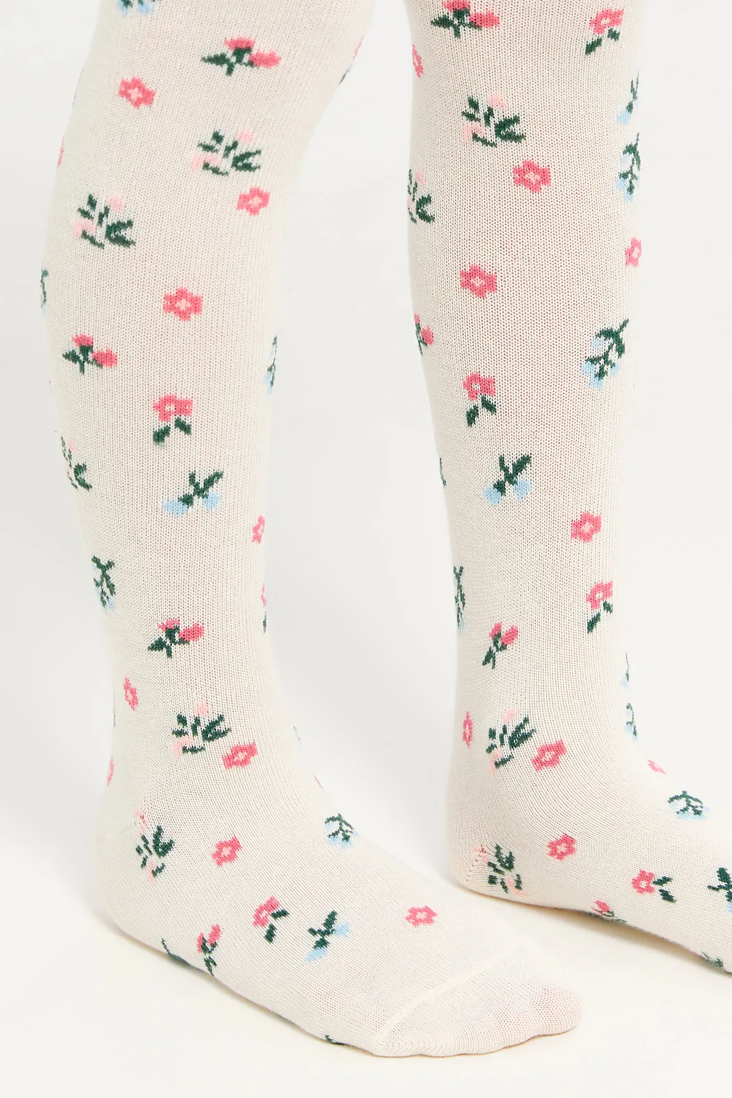 Girls Ivory And Blue Printed Tights Set (2 Piece)