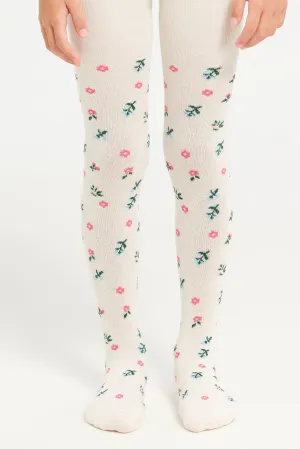 Girls Ivory And Blue Printed Tights Set (2 Piece)