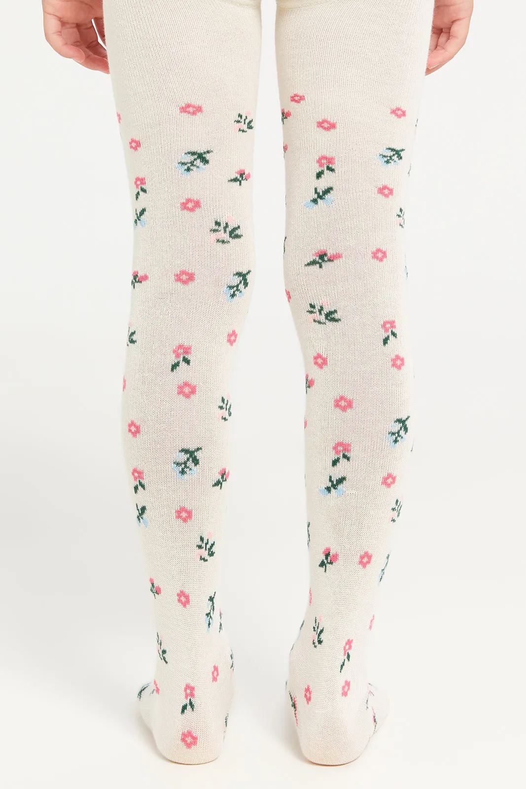 Girls Ivory And Blue Printed Tights Set (2 Piece)
