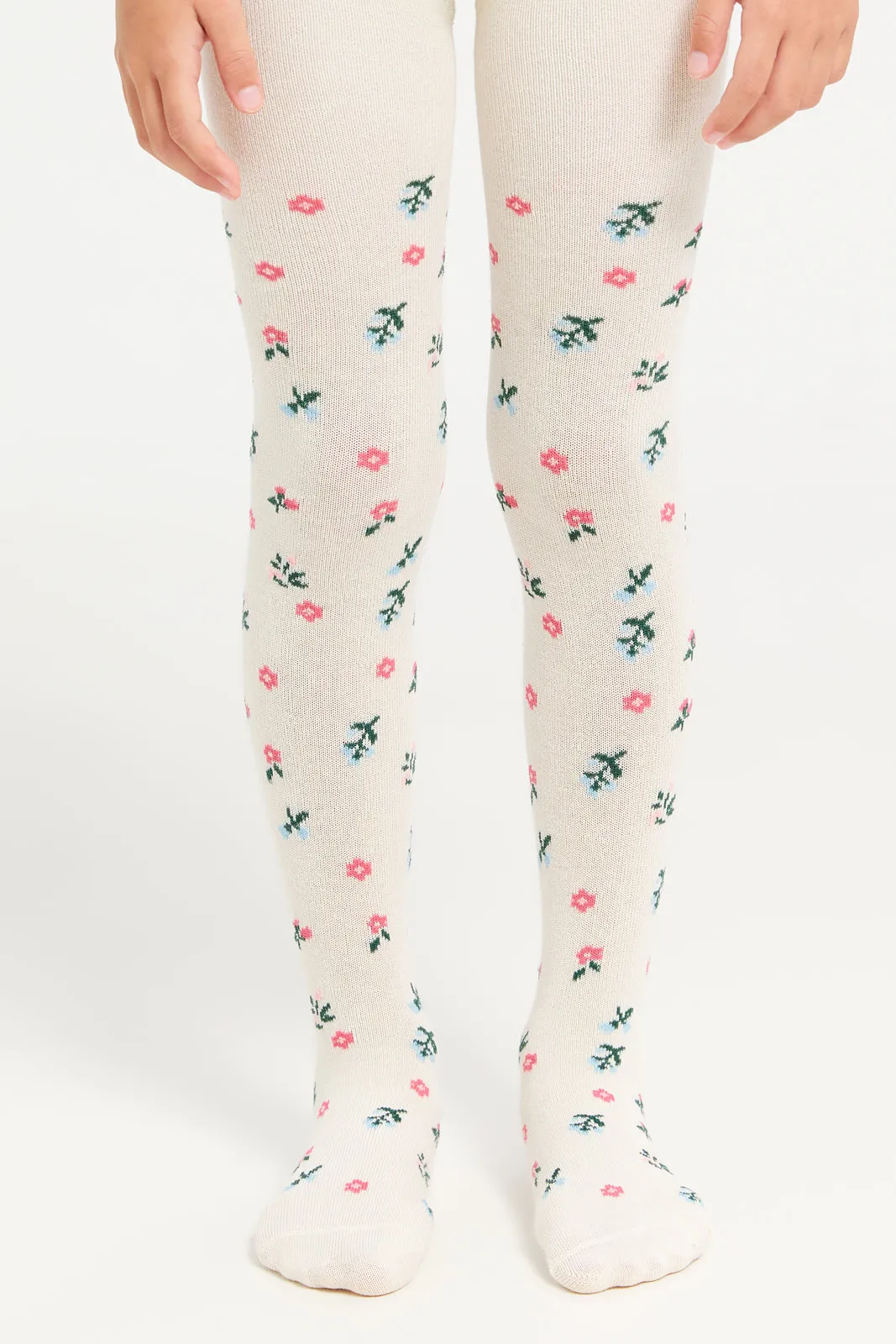 Girls Ivory And Blue Printed Tights Set (2 Piece)