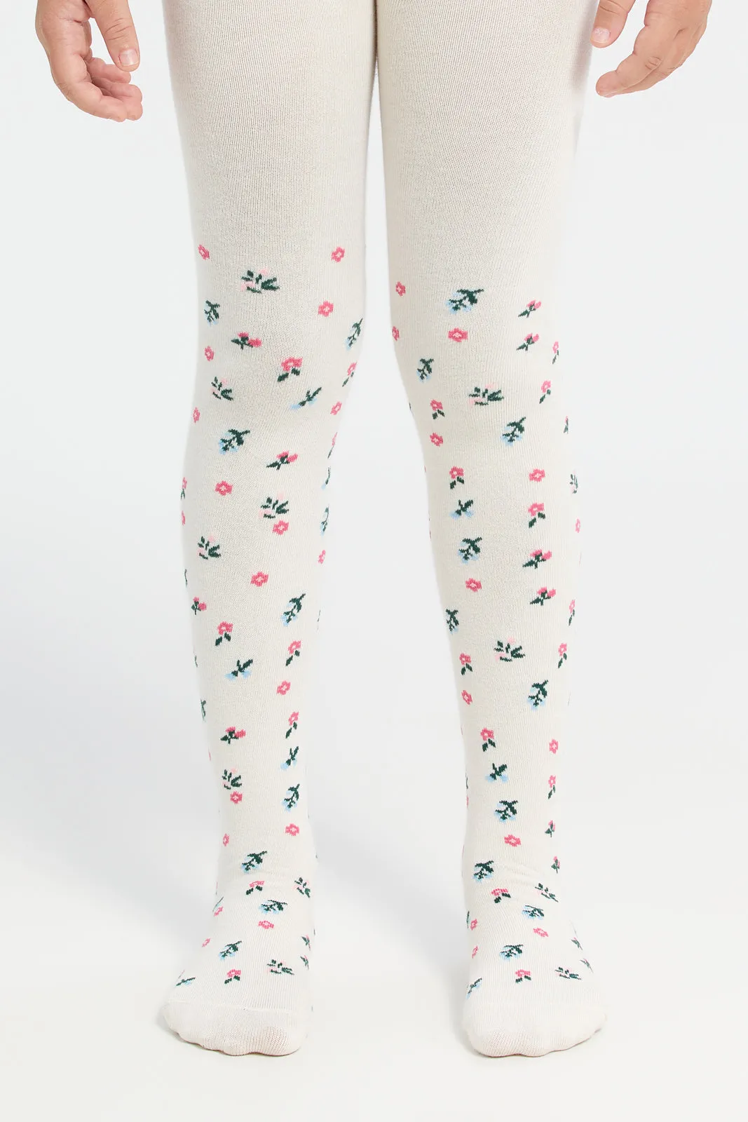 Girls Ivory And Blue Printed Tights Set (2 Piece)