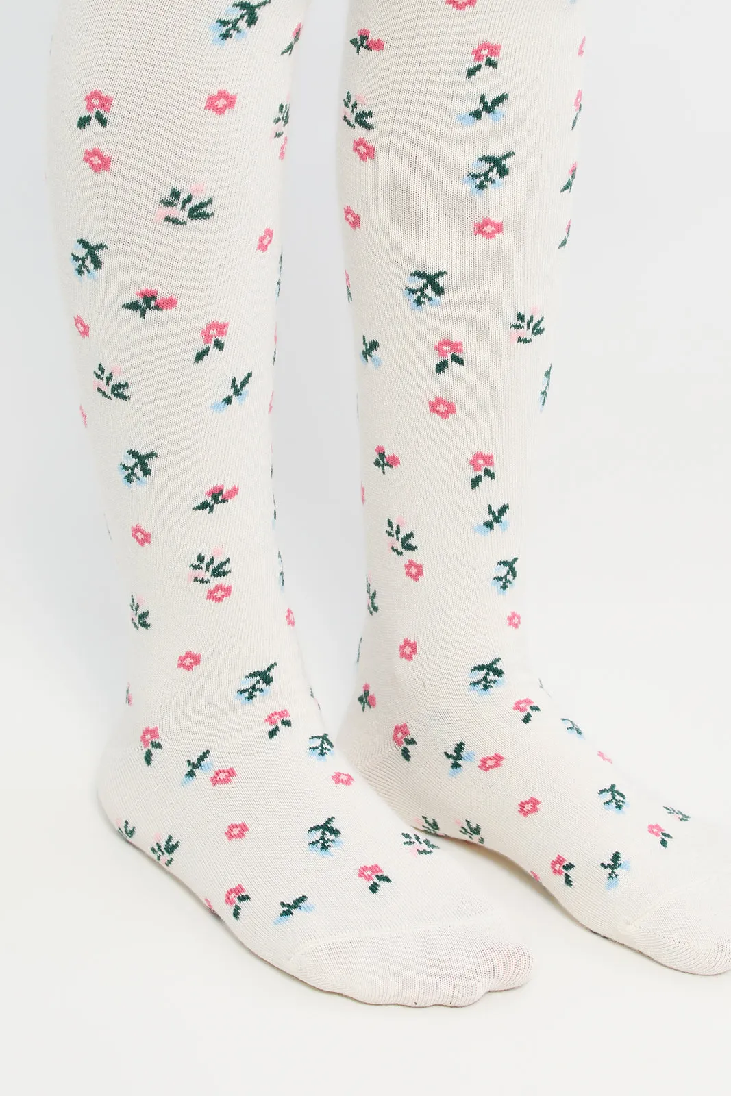 Girls Ivory And Blue Printed Tights Set (2 Piece)