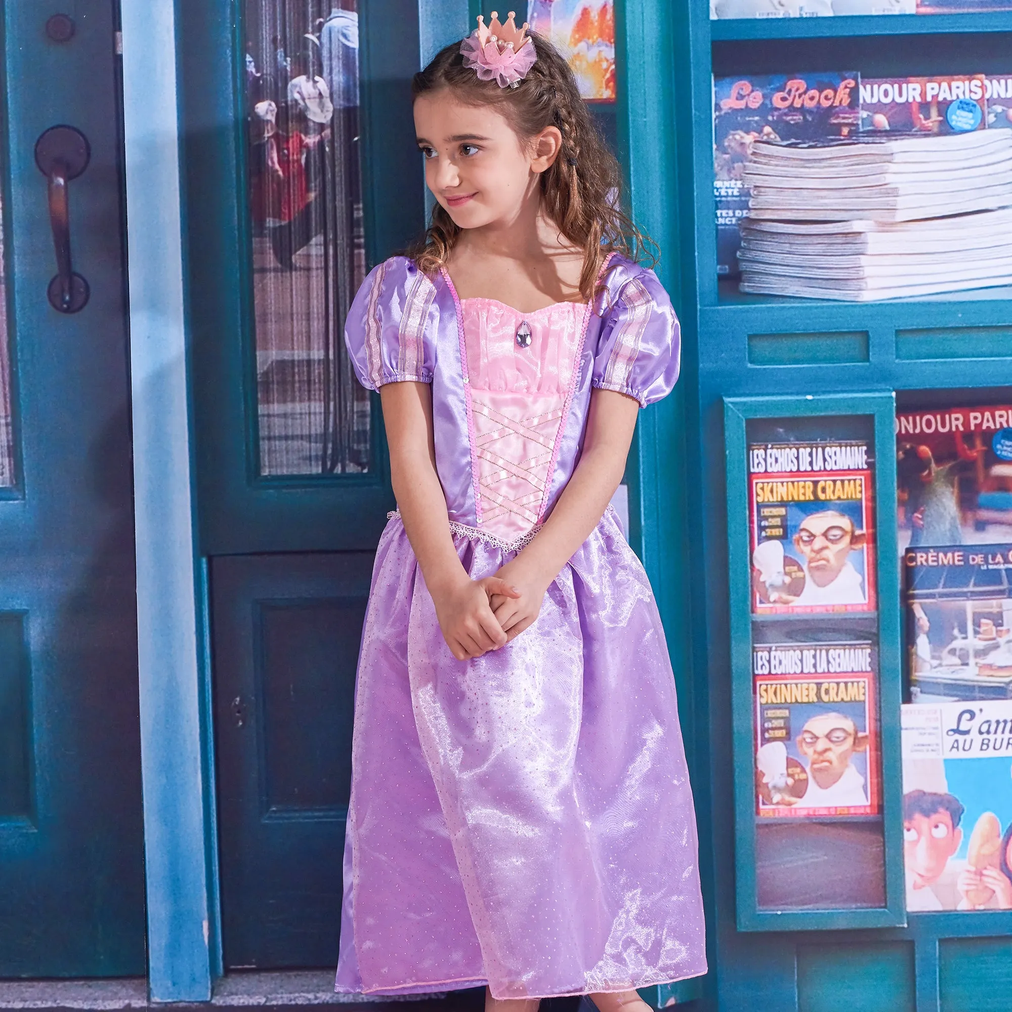 Girls Princess Costume Long Hair Dress Purple