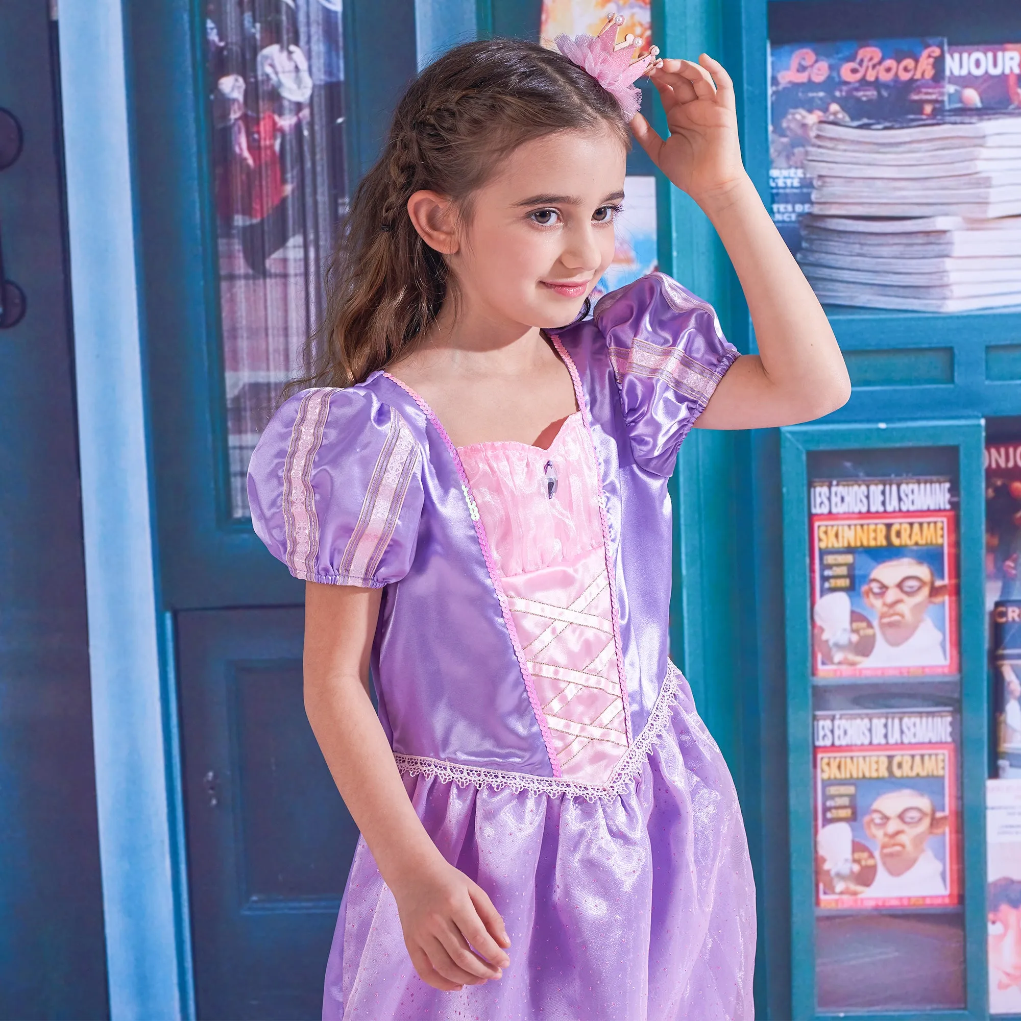 Girls Princess Costume Long Hair Dress Purple