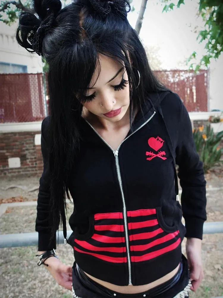 Gothic Zip-up Women's Cropped Hooded Jacket Skull Embroidered Punk Y2k Hoodie Streetwear Casual Vintage Top 90s Grunge Outerwear