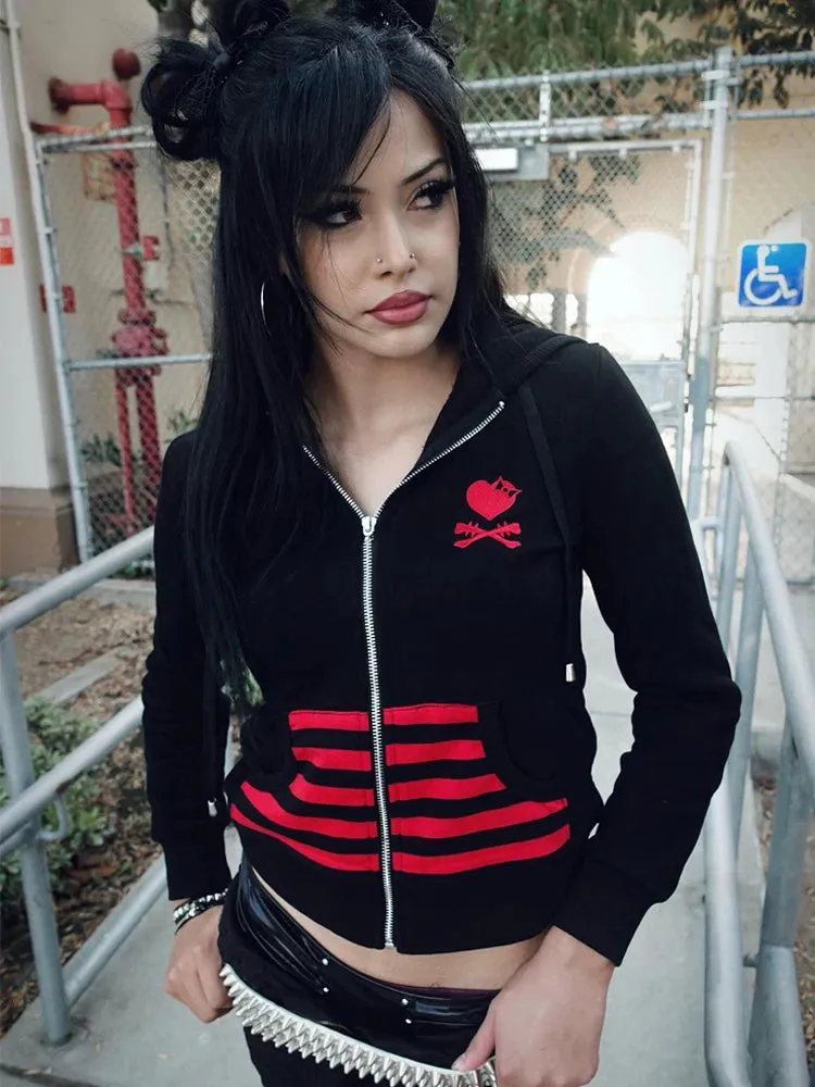 Gothic Zip-up Women's Cropped Hooded Jacket Skull Embroidered Punk Y2k Hoodie Streetwear Casual Vintage Top 90s Grunge Outerwear