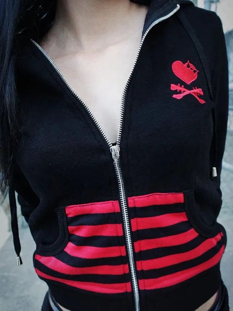 Gothic Zip-up Women's Cropped Hooded Jacket Skull Embroidered Punk Y2k Hoodie Streetwear Casual Vintage Top 90s Grunge Outerwear