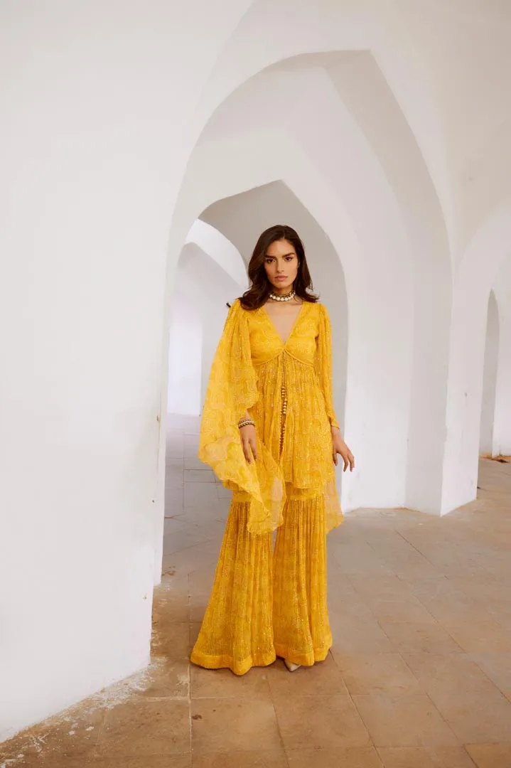Gulbahar Maigold Yellow the jugnu winged tunic & sharara set