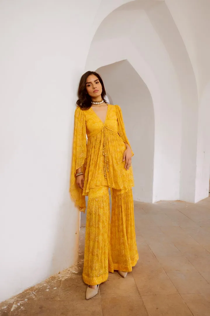 Gulbahar Maigold Yellow the jugnu winged tunic & sharara set