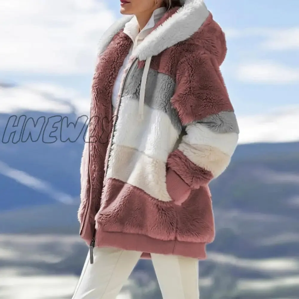 Hnewly Winter Fashion Women's Coat New Casual Hooded Zipper Ladies Clothes Cashmere Women Jacket Stitching Plaid Ladies Coats