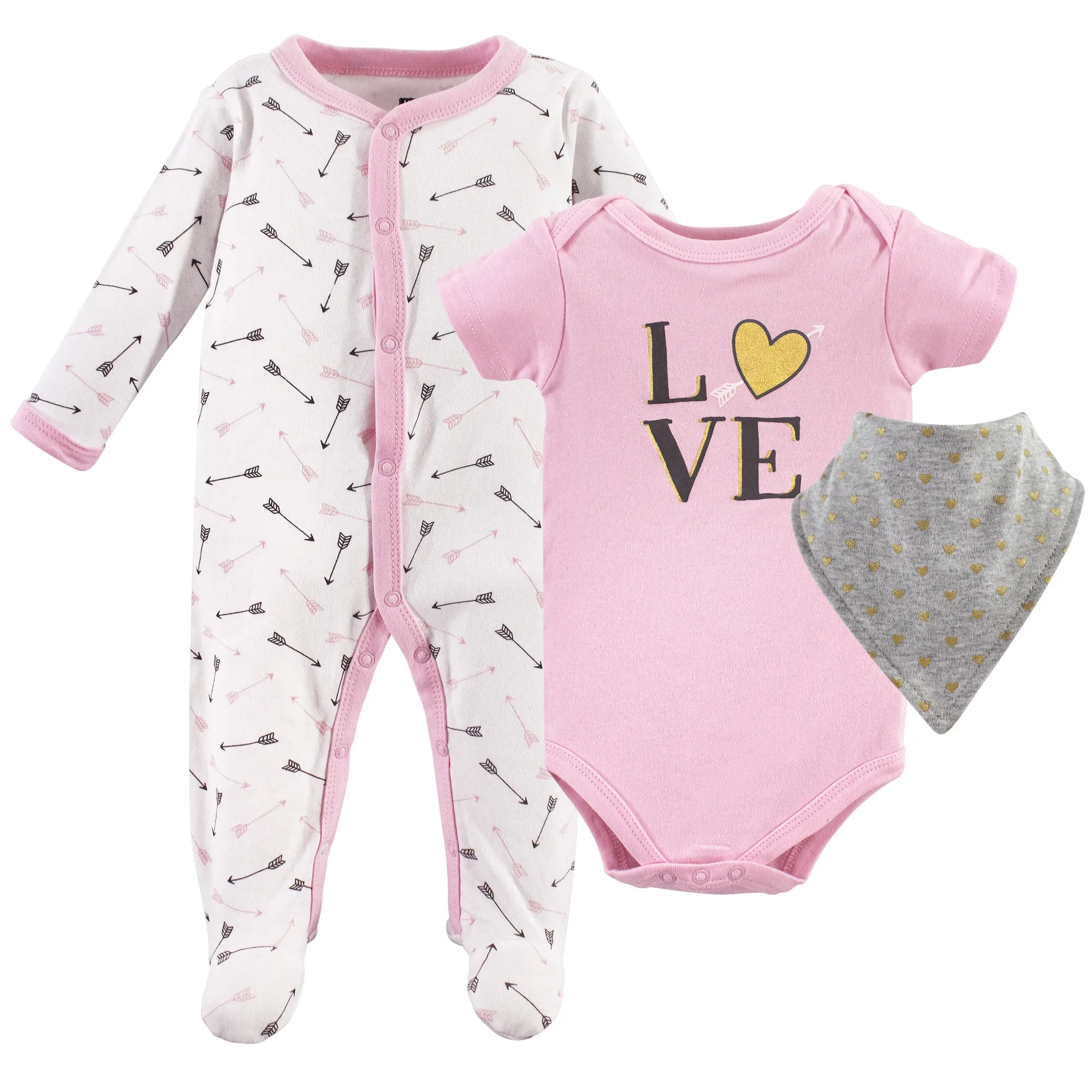 Hudson Baby Cotton Sleep and Play, Bodysuit and Bandana Bib Set, Love
