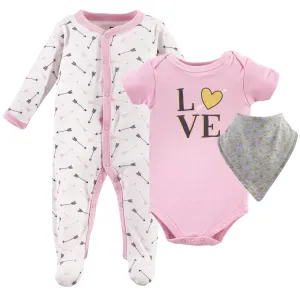 Hudson Baby Cotton Sleep and Play, Bodysuit and Bandana Bib Set, Love