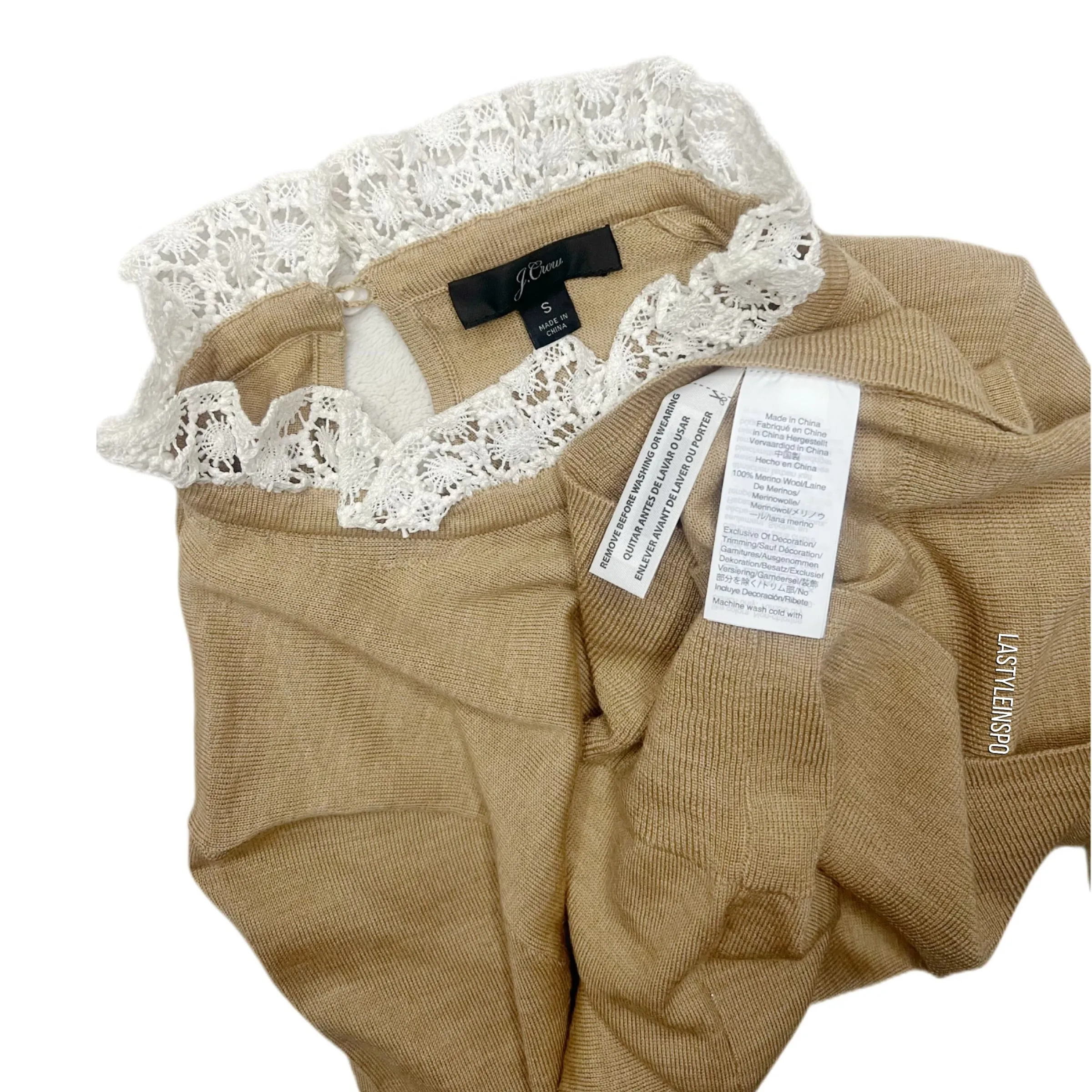 J Crew Tan Sweater Lace Wool 100% Long Sleeved Size Small