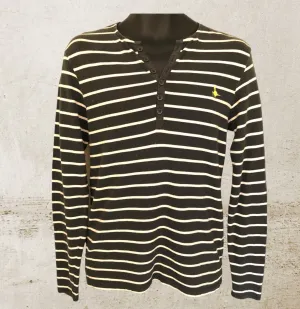 Jack Wills Mens Khaki & White Cotton Long Sleeve Striped Polo Shirt Size XS