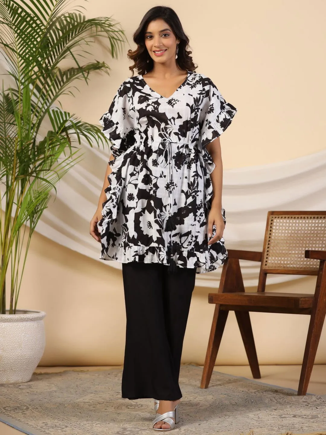 Jashvi Black Floral Printed Cotton Dobby Kaftan Tunic