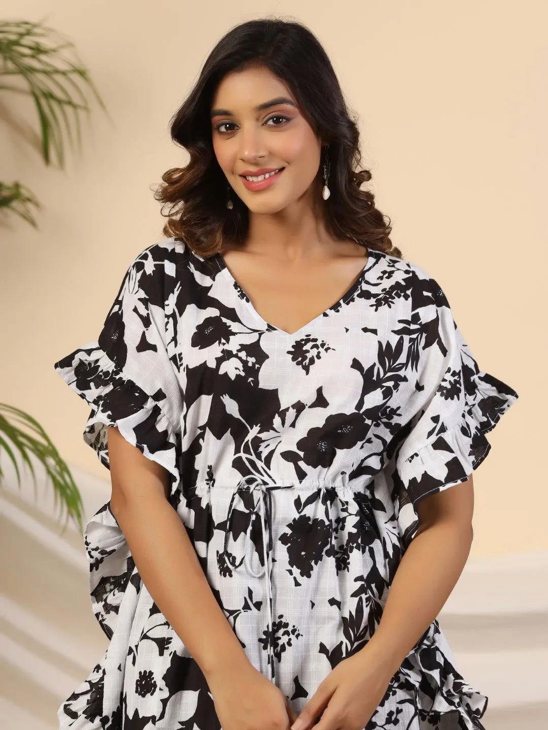 Jashvi Black Floral Printed Cotton Dobby Kaftan Tunic