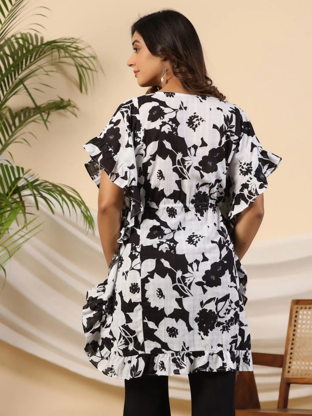 Jashvi Black Floral Printed Cotton Dobby Kaftan Tunic