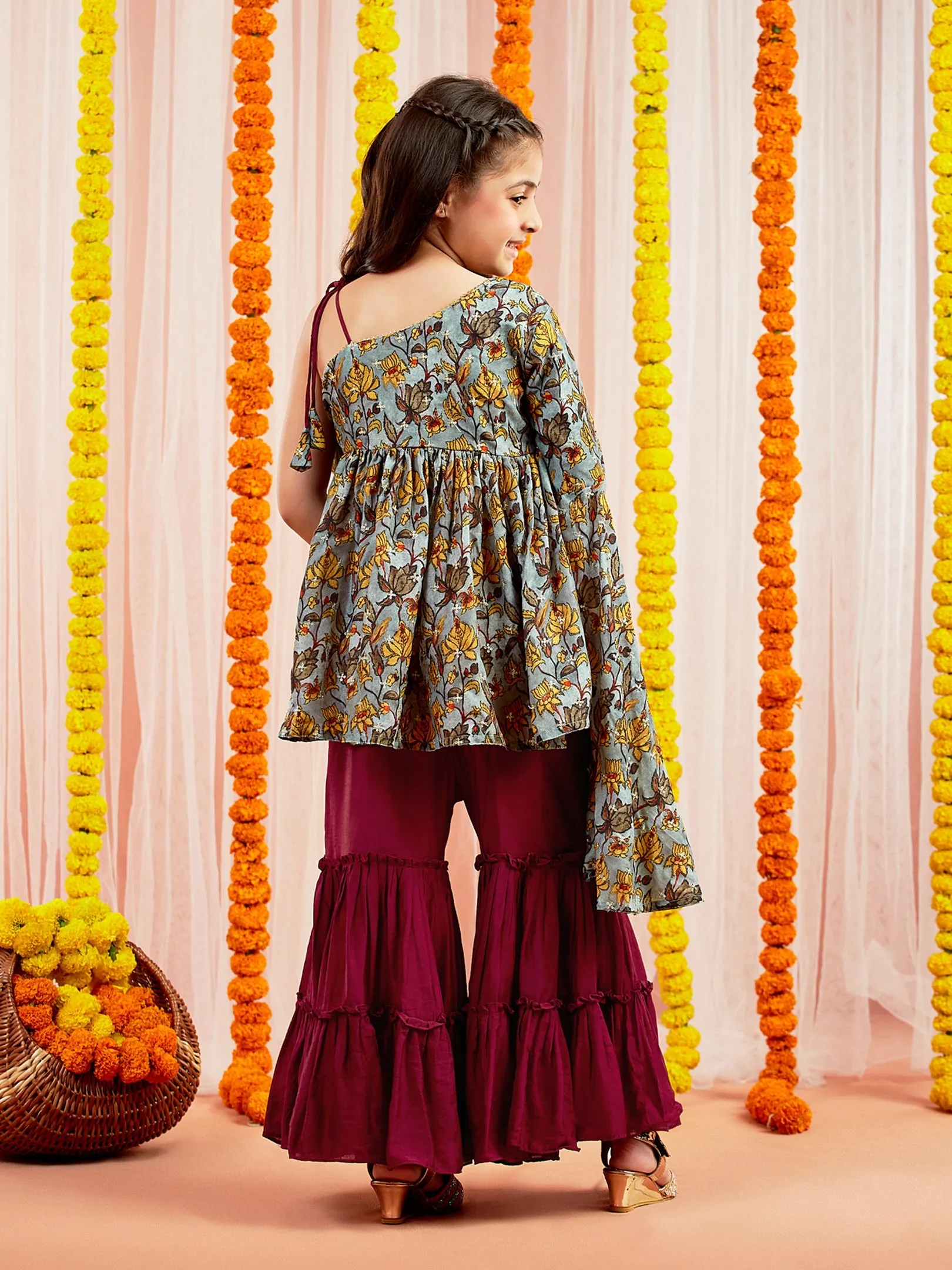 Jashvi Girls' Grey Printed Tunic With Palazzo Set