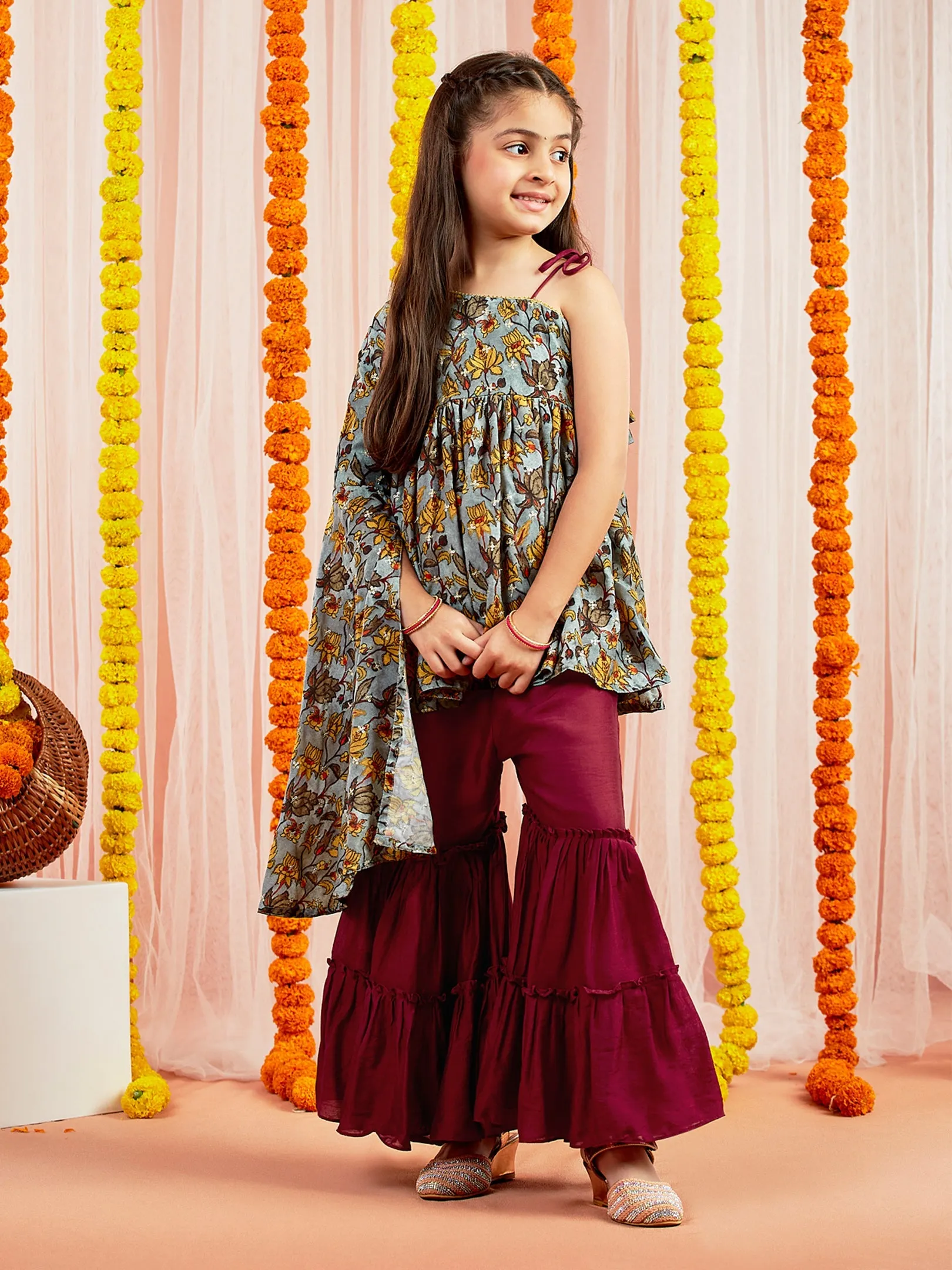 Jashvi Girls' Grey Printed Tunic With Palazzo Set