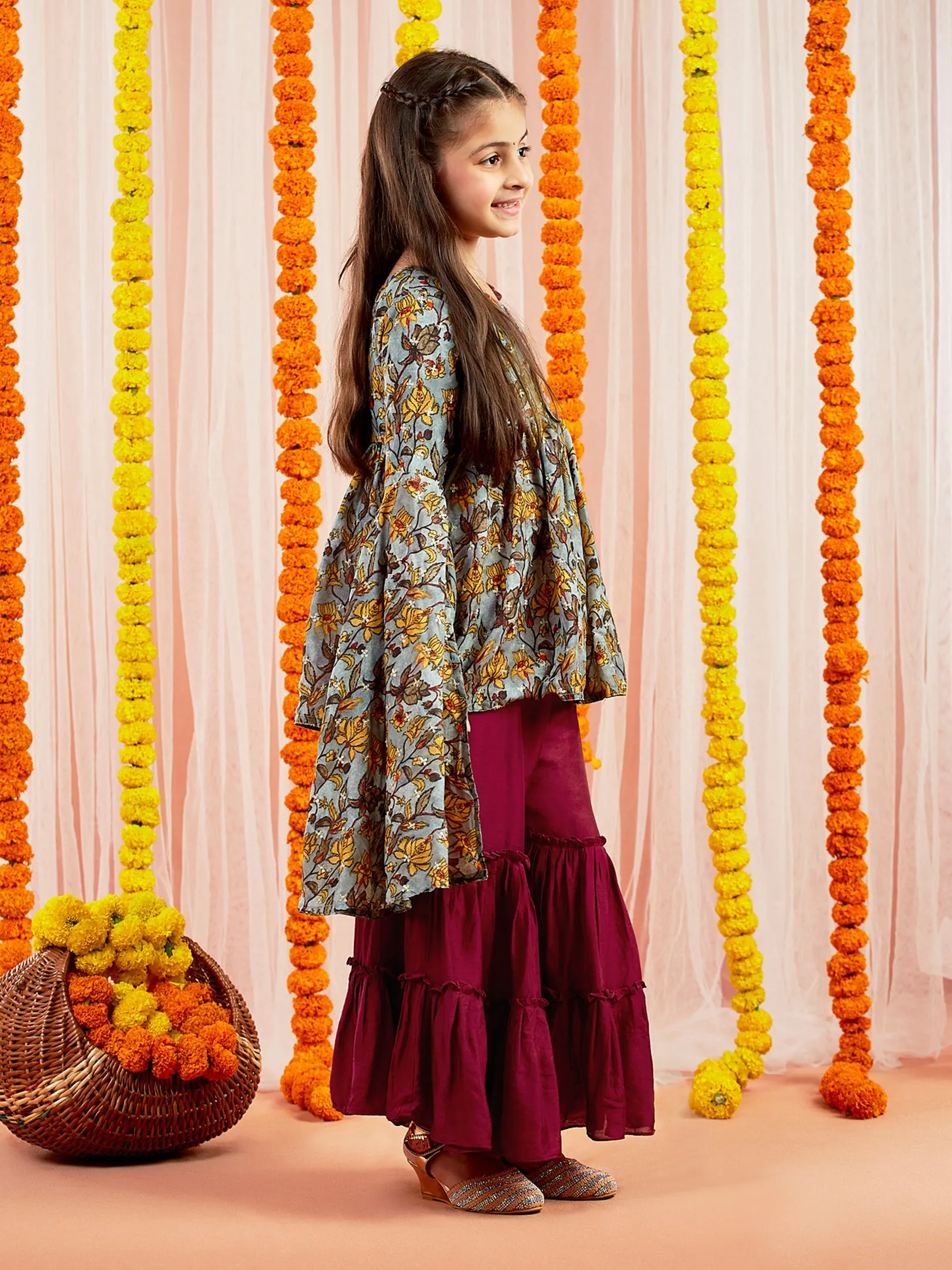 Jashvi Girls' Grey Printed Tunic With Palazzo Set