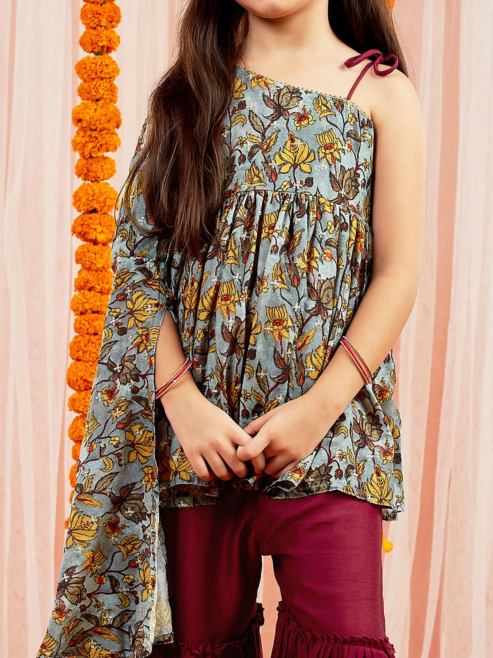 Jashvi Girls' Grey Printed Tunic With Palazzo Set
