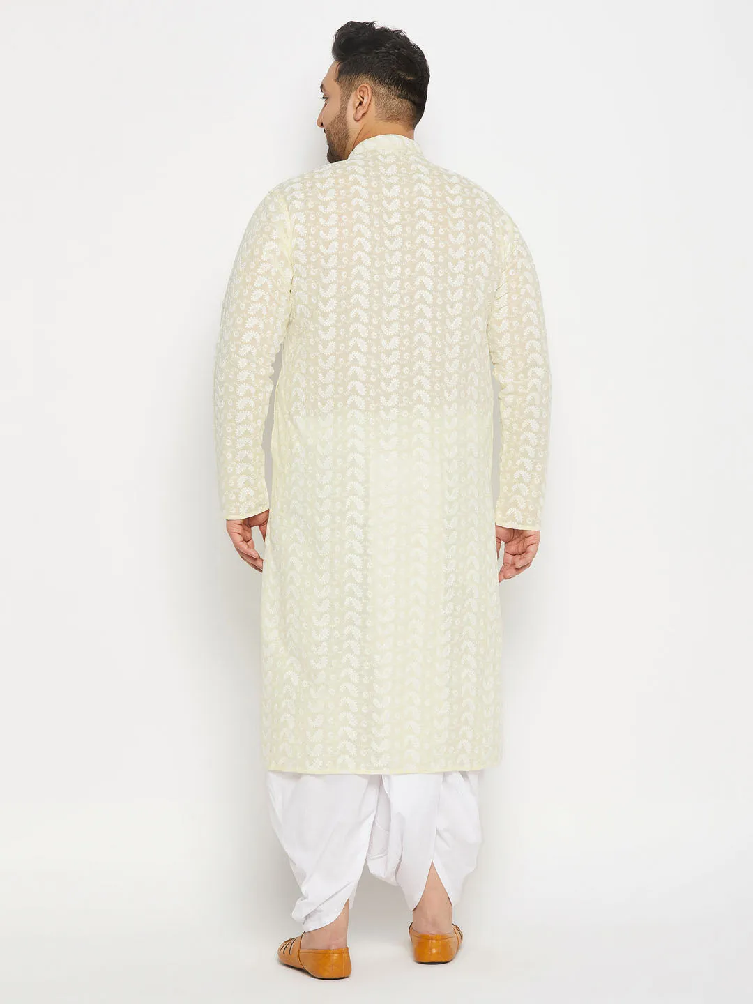 Jashvi Men's Plus Size Yellow Chikankari Embroidered Kurta And White Dhoti Set