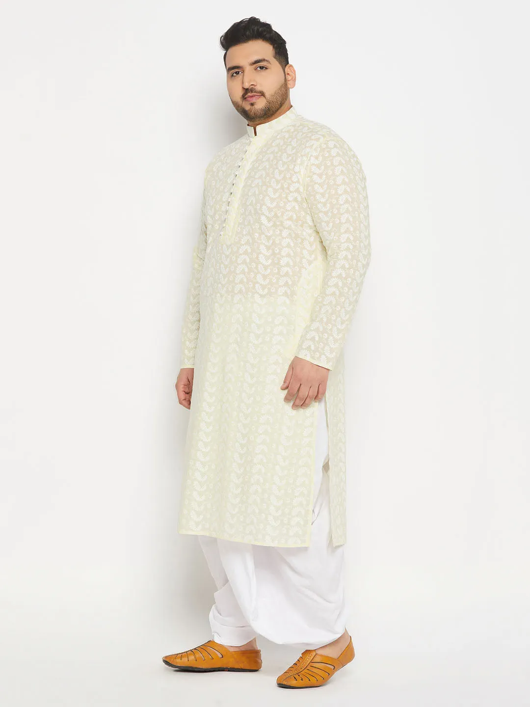 Jashvi Men's Plus Size Yellow Chikankari Embroidered Kurta And White Dhoti Set