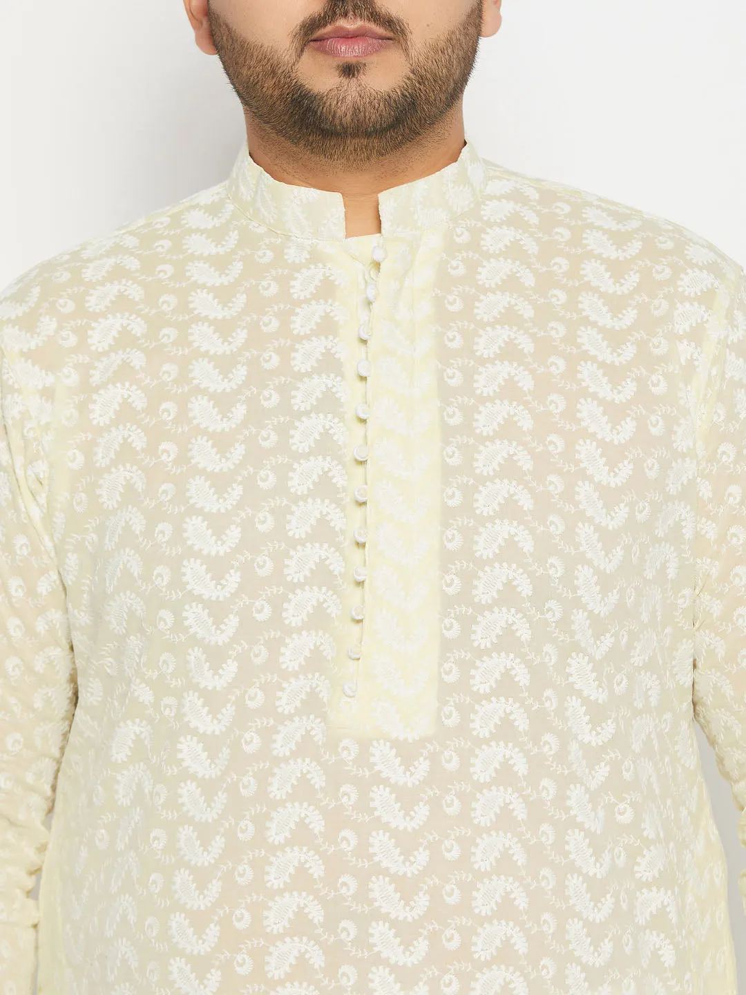 Jashvi Men's Plus Size Yellow Chikankari Embroidered Kurta And White Dhoti Set