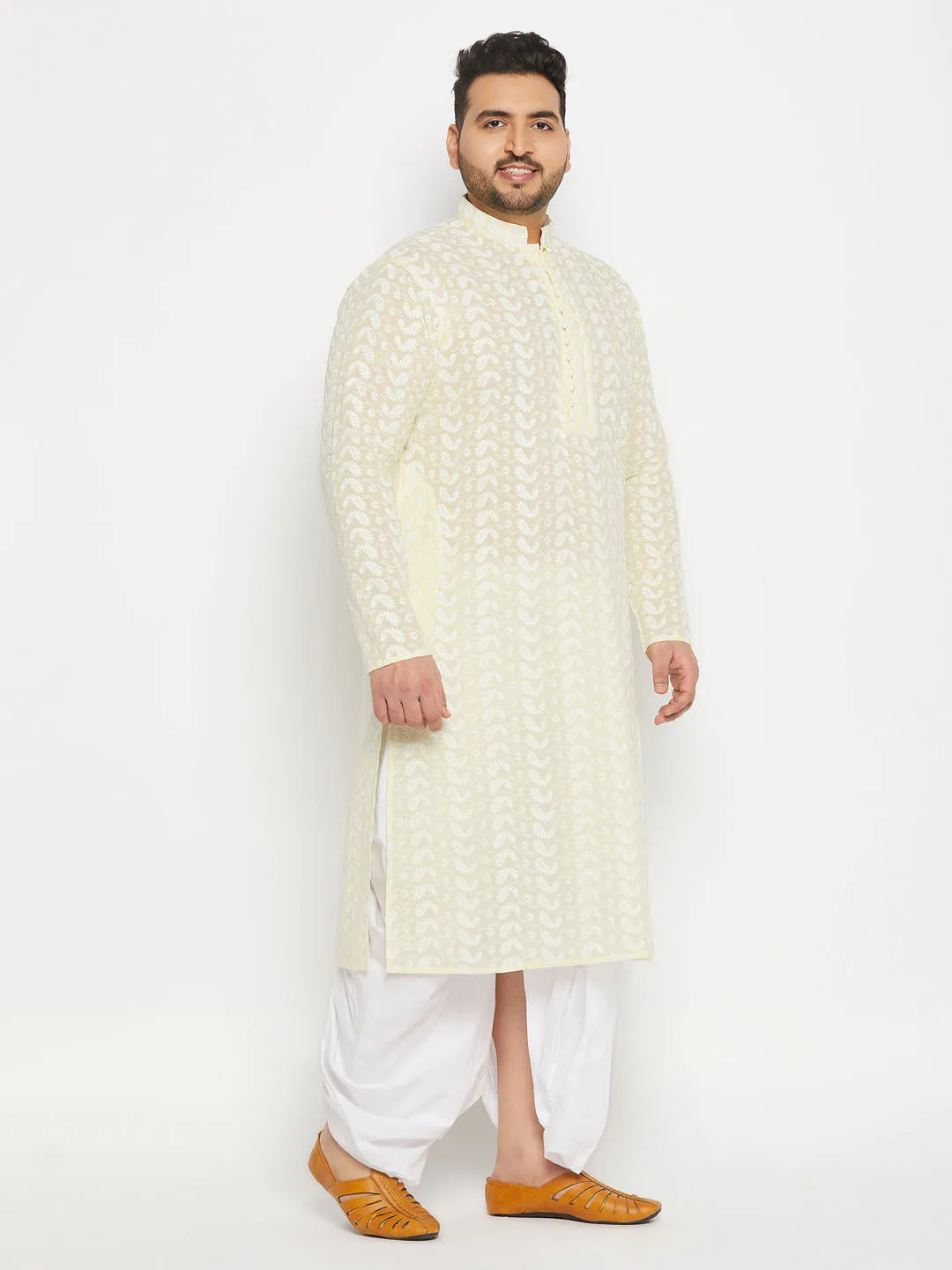 Jashvi Men's Plus Size Yellow Chikankari Embroidered Kurta And White Dhoti Set