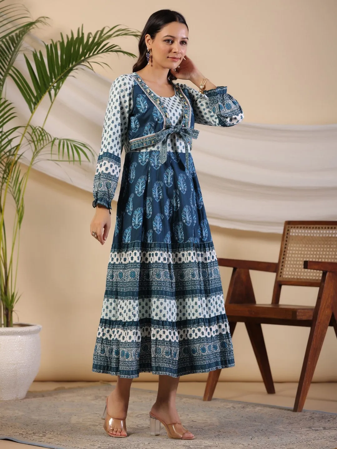 Jashvi The Madhubala Rayon Blue Ethnic Motif Printed Maxi Dress With Contrast 3D Beadwork Sequins & Kaudi